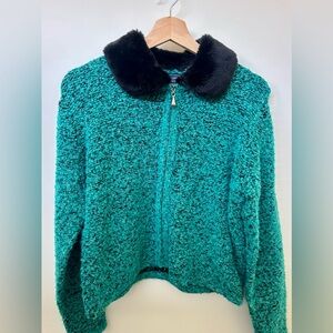 Norton McNaughton Petites Turquoise Sweater with Fur Collar